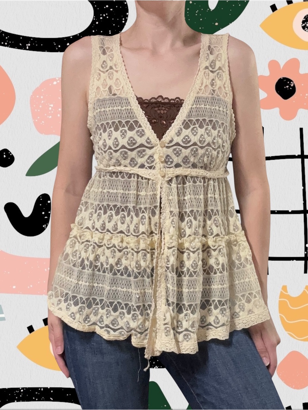 Pretty Good | Vintage Y2K Cream Lace Sheer Babydoll Top